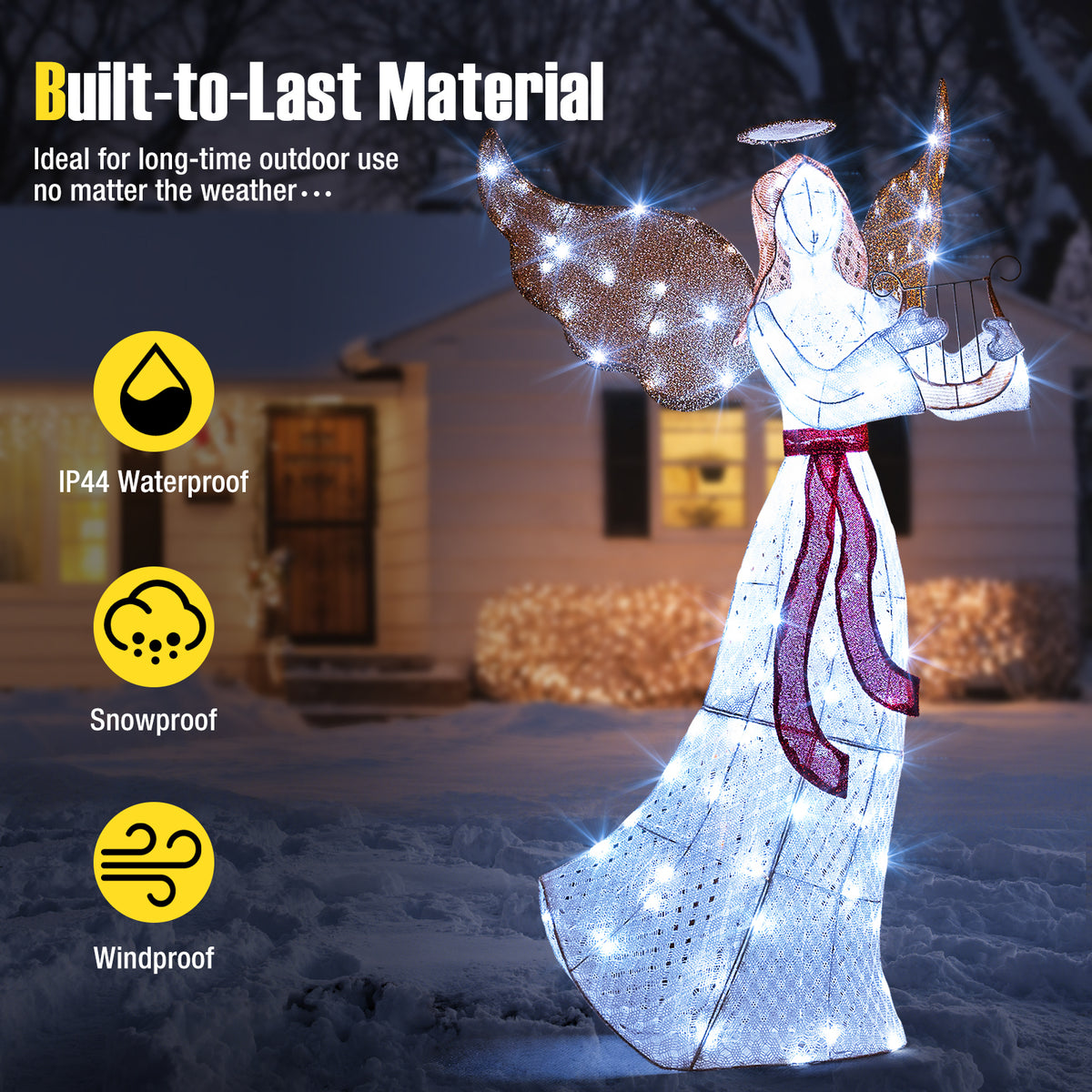5 ft Christmas Lighted Angel with Harp and 120 White LED Lights for Indoor Outdoor Decor