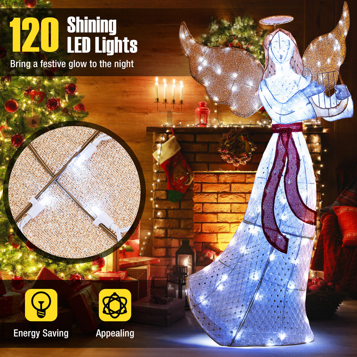 5 ft Christmas Lighted Angel with Harp and 120 White LED Lights for Indoor Outdoor Decor