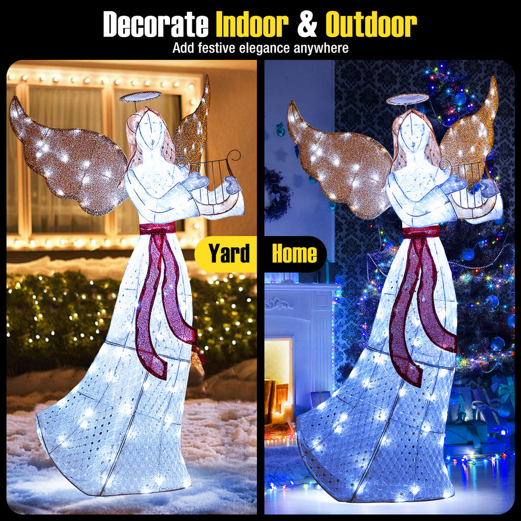 5 ft Christmas Lighted Angel with Harp and 120 White LED Lights for Indoor Outdoor Decor
