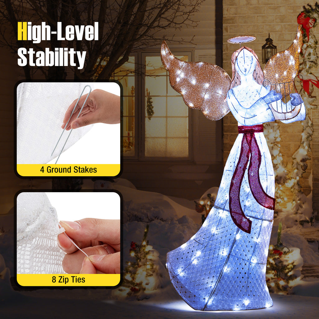 5 ft Christmas Lighted Angel with Harp and 120 White LED Lights for Indoor Outdoor Decor