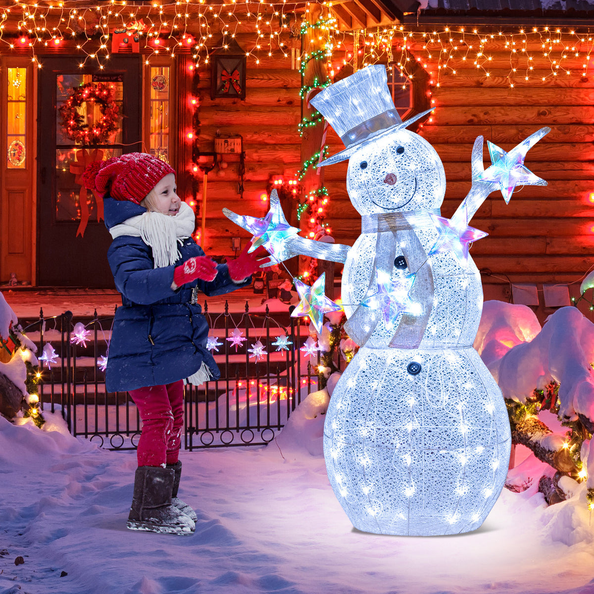 5 ft Pre-Lit Christmas Snowman with Stars - Indoor Outdoor Holiday Decor