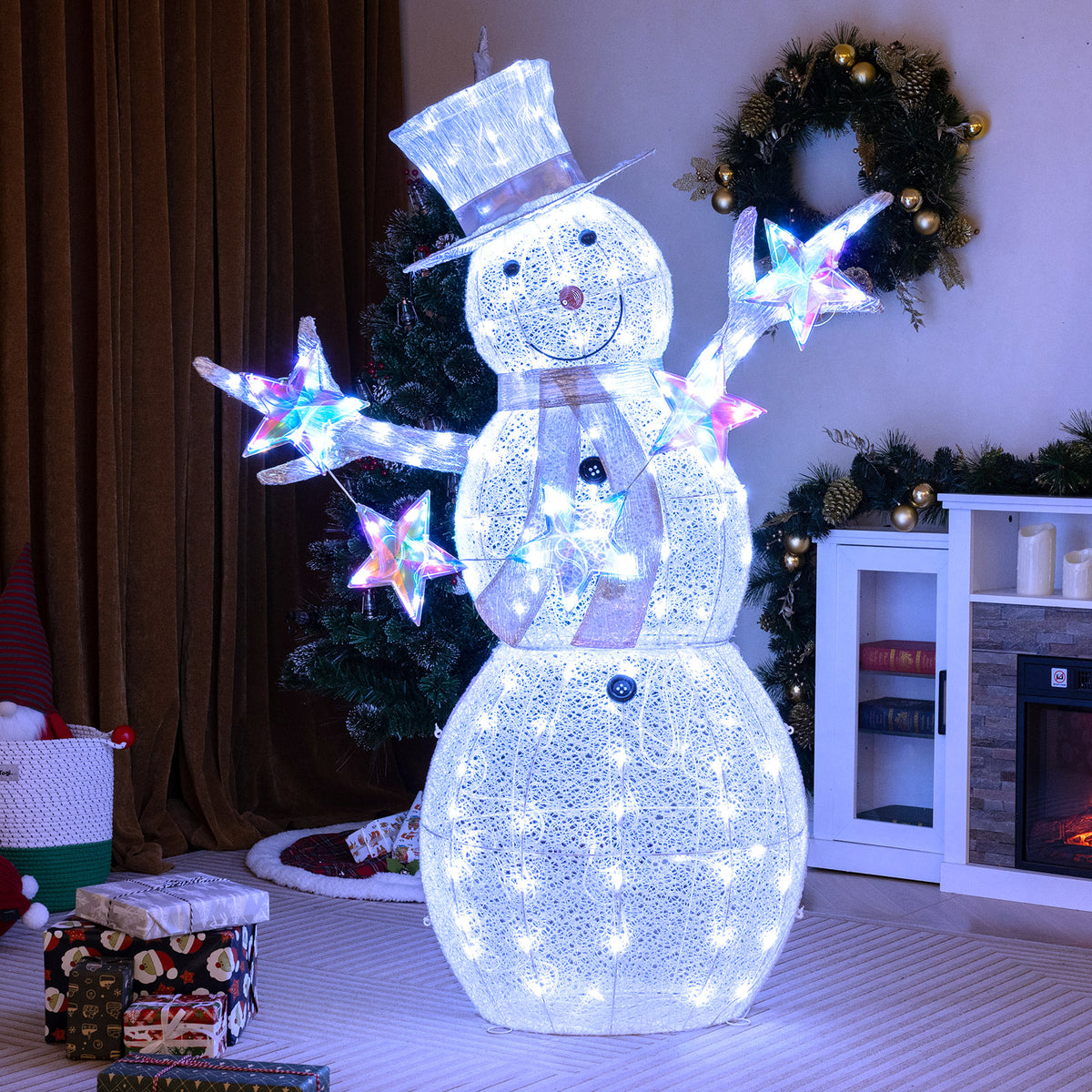 5 ft Pre-Lit Christmas Snowman with Stars - Indoor Outdoor Holiday Decor