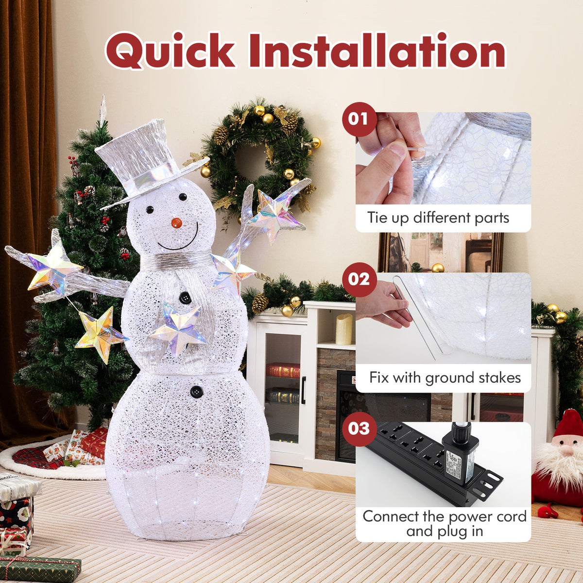 5 ft Pre-Lit Christmas Snowman with Stars - Indoor Outdoor Holiday Decor