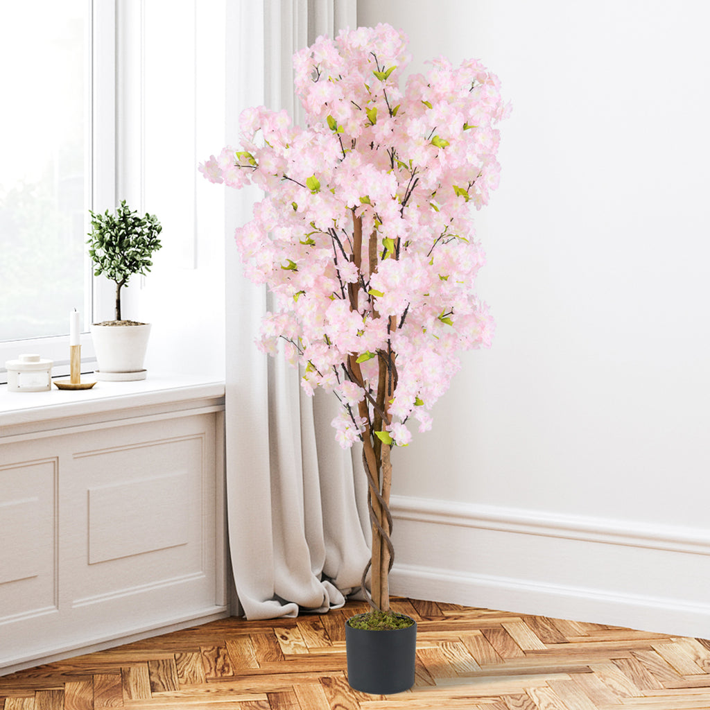 Artificial Cherry Blossom Tree with Pink Flowers - 5 Ft Tall, Realistic Faux Tree with Adjustable Branches, Stable Pot — Variation: 1 Piece