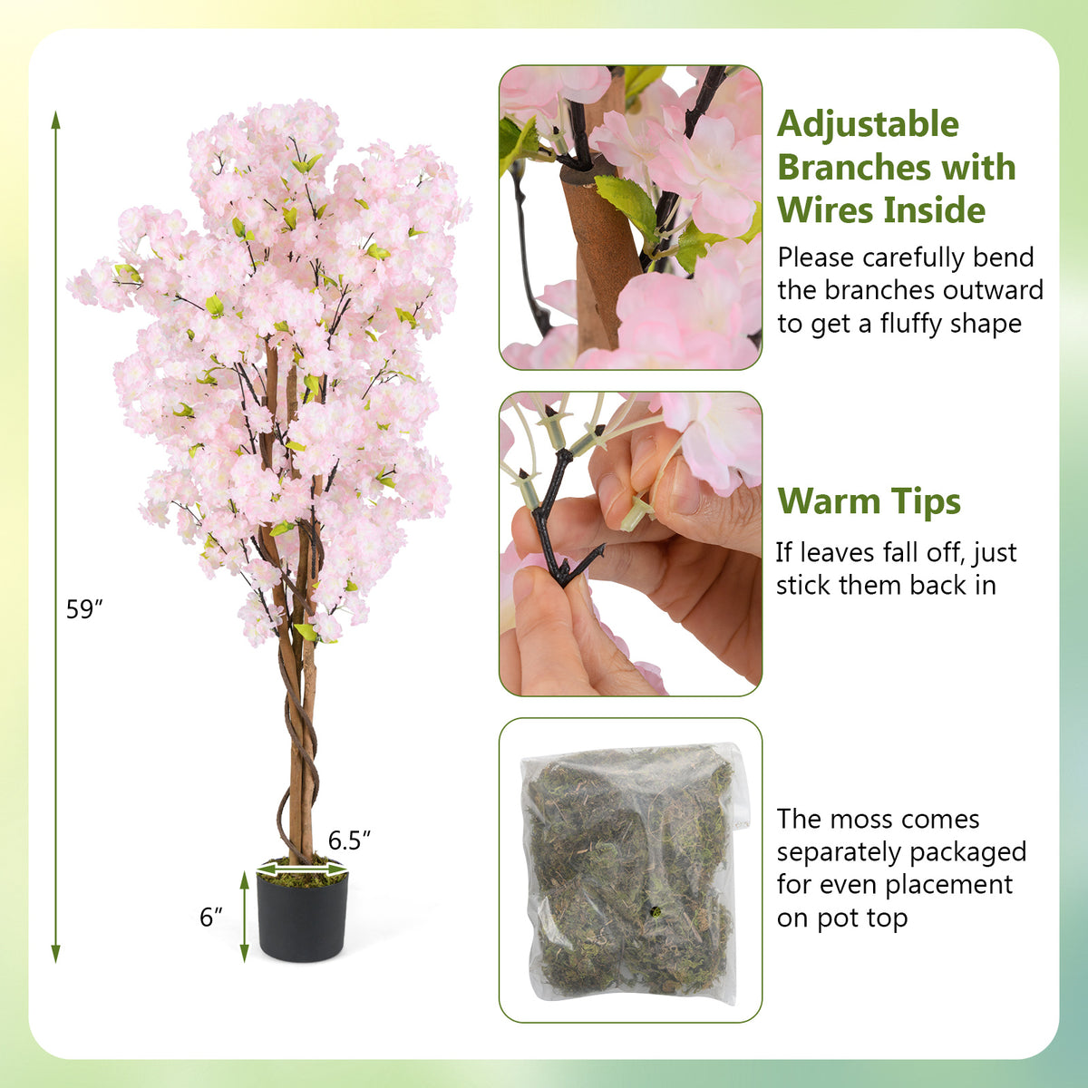 Artificial Cherry Blossom Tree with Pink Flowers - 5 Ft Tall, Realistic Faux Tree with Adjustable Branches, Stable Pot — Variation: 1 Piece