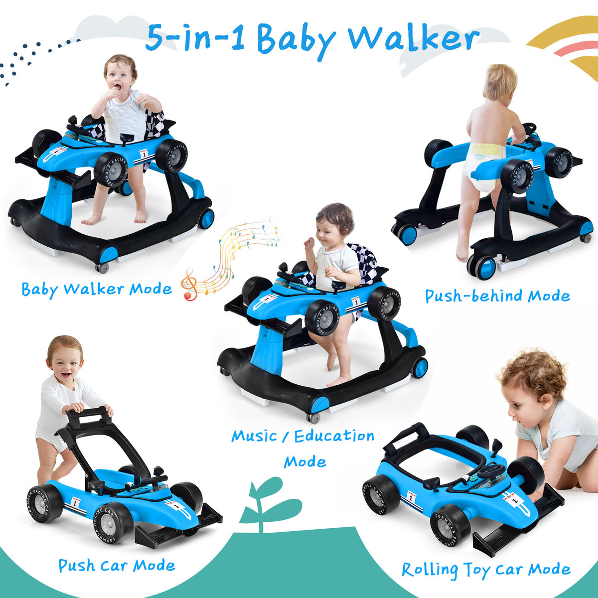 Blue 5-in-1 Baby Walker with Adjustable Height & Speed for 6-18 Months