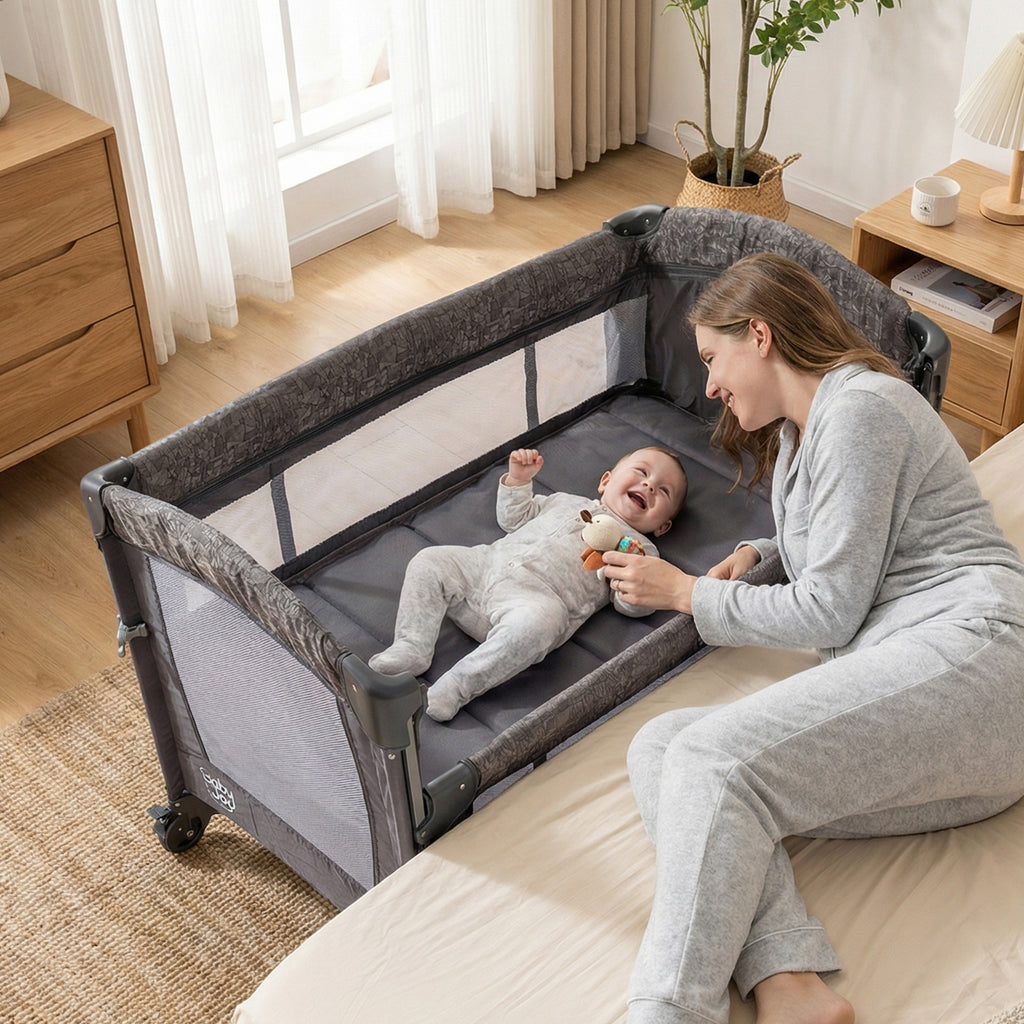 Gray 5-in-1 Bedside Bassinet with Diaper Changer & Mattress - Baby Sleep & Travel