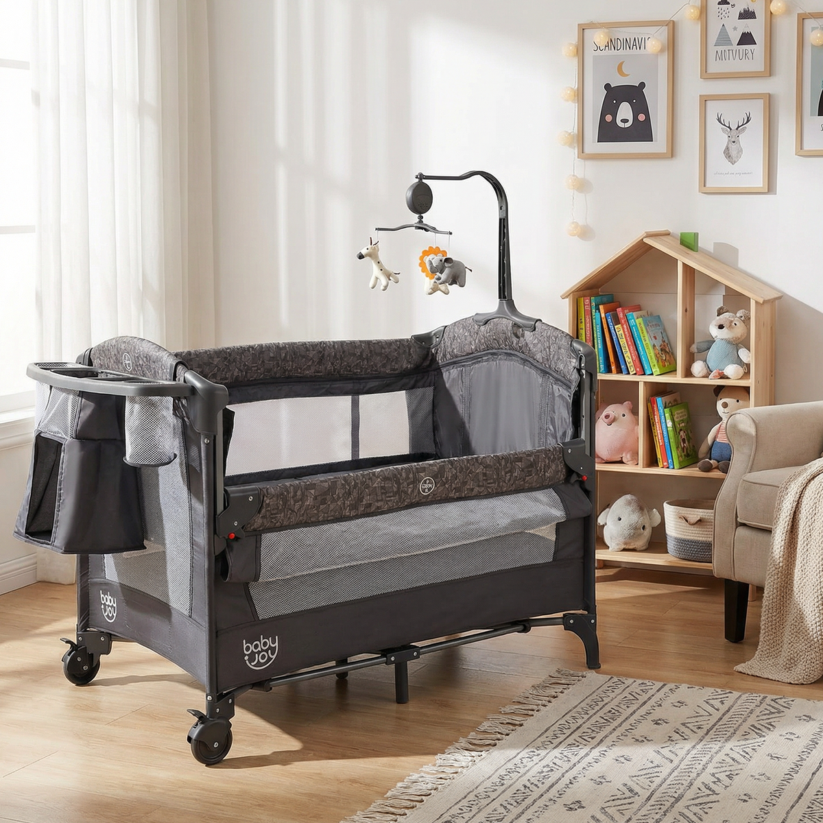 Gray 5-in-1 Bedside Bassinet with Diaper Changer & Mattress - Baby Sleep & Travel