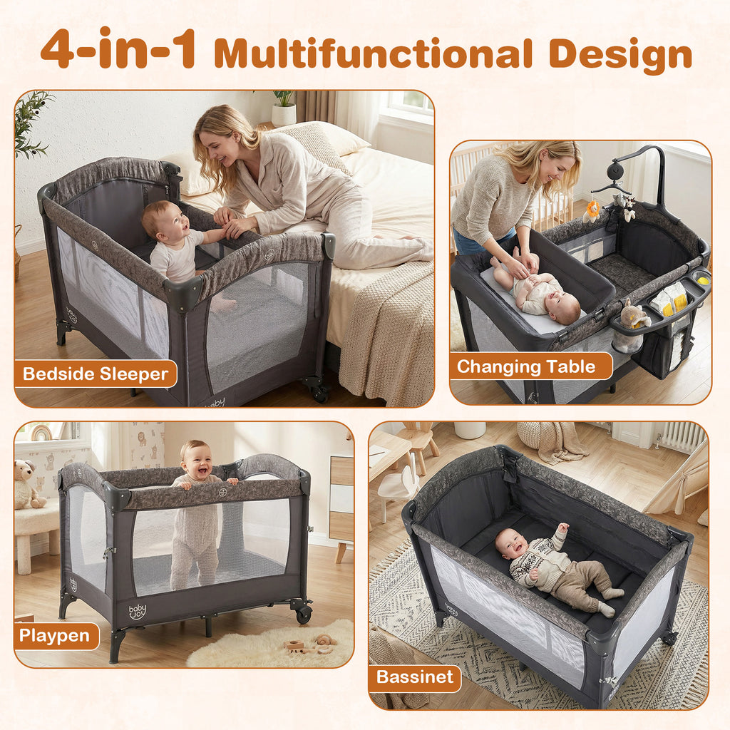 Gray 5-in-1 Bedside Bassinet with Diaper Changer & Mattress - Baby Sleep & Travel