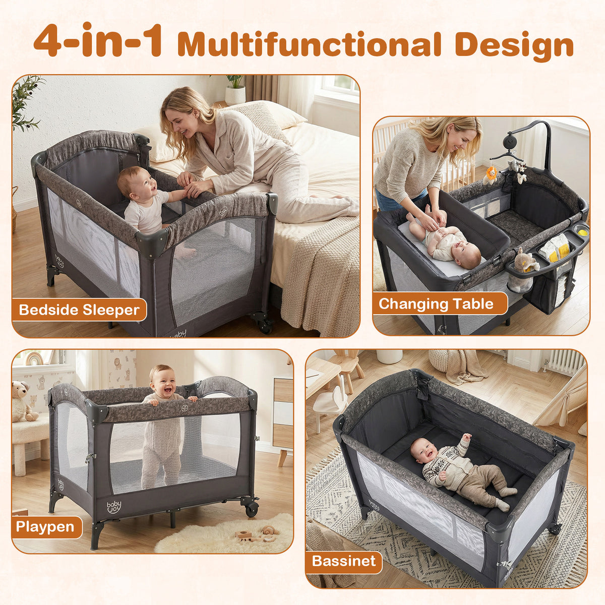 Gray 5-in-1 Bedside Bassinet with Diaper Changer & Mattress - Baby Sleep & Travel