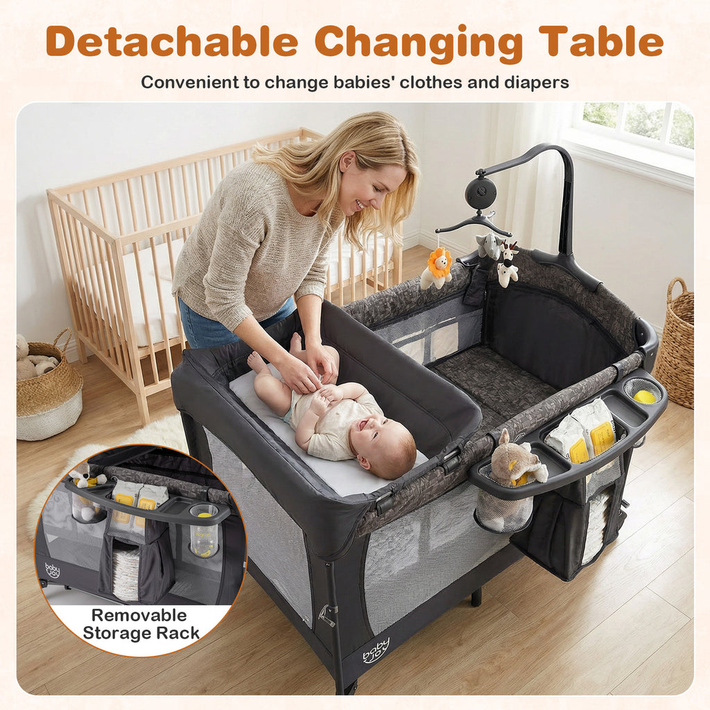 Gray 5-in-1 Bedside Bassinet with Diaper Changer & Mattress - Baby Sleep & Travel