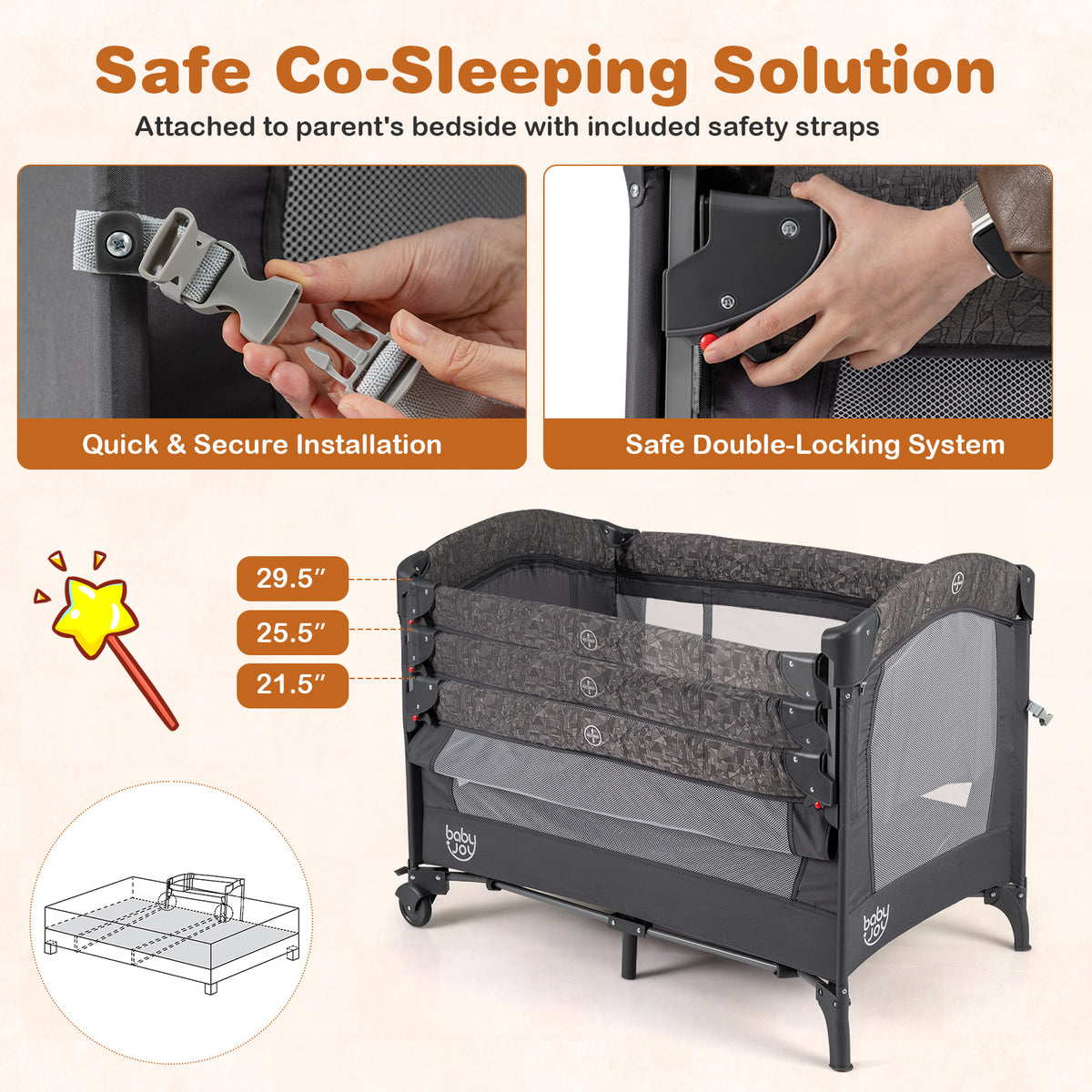 Gray 5-in-1 Bedside Bassinet with Diaper Changer & Mattress - Baby Sleep & Travel