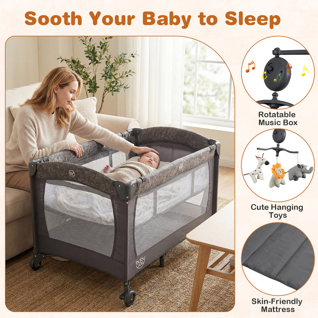Gray 5-in-1 Bedside Bassinet with Diaper Changer & Mattress - Baby Sleep & Travel