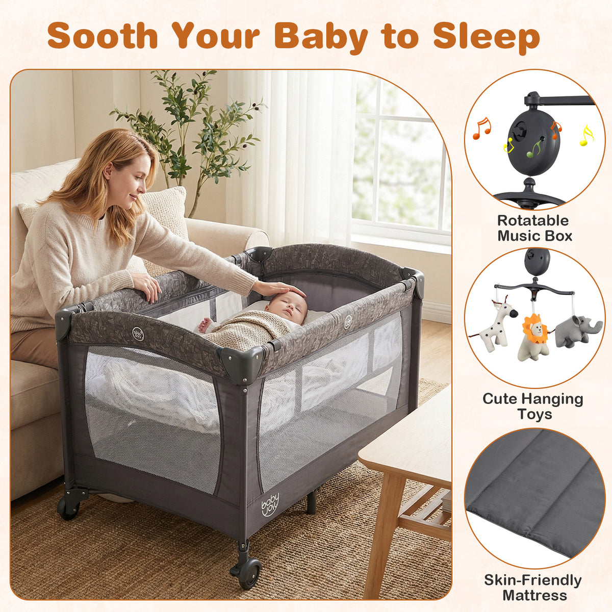 Gray 5-in-1 Bedside Bassinet with Diaper Changer & Mattress - Baby Sleep & Travel