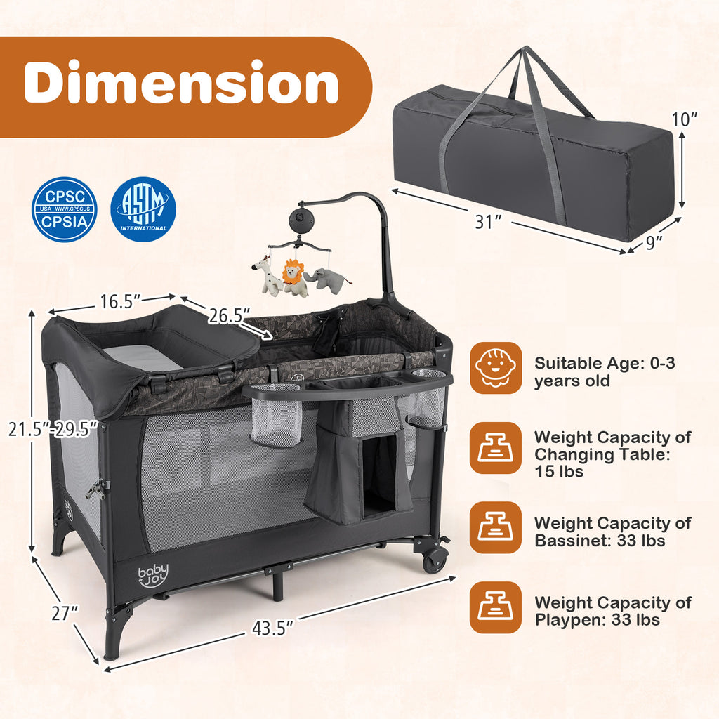 Gray 5-in-1 Bedside Bassinet with Diaper Changer & Mattress - Baby Sleep & Travel