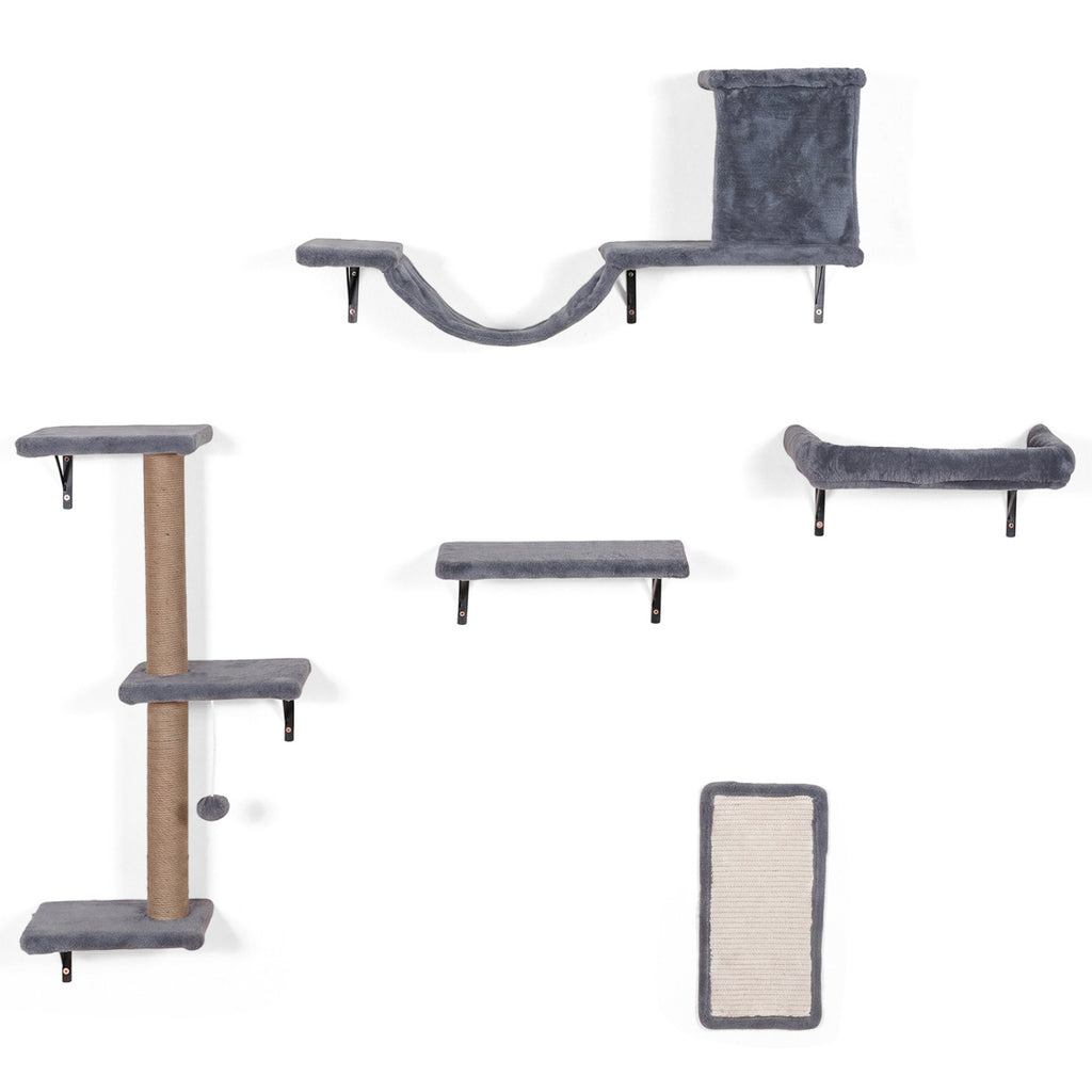 Cat Wall Shelves with Condo Bridge Perch Platform Scratching Post - Gray