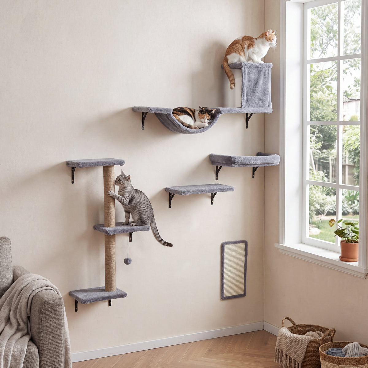 Cat Wall Shelves with Condo Bridge Perch Platform Scratching Post - Gray