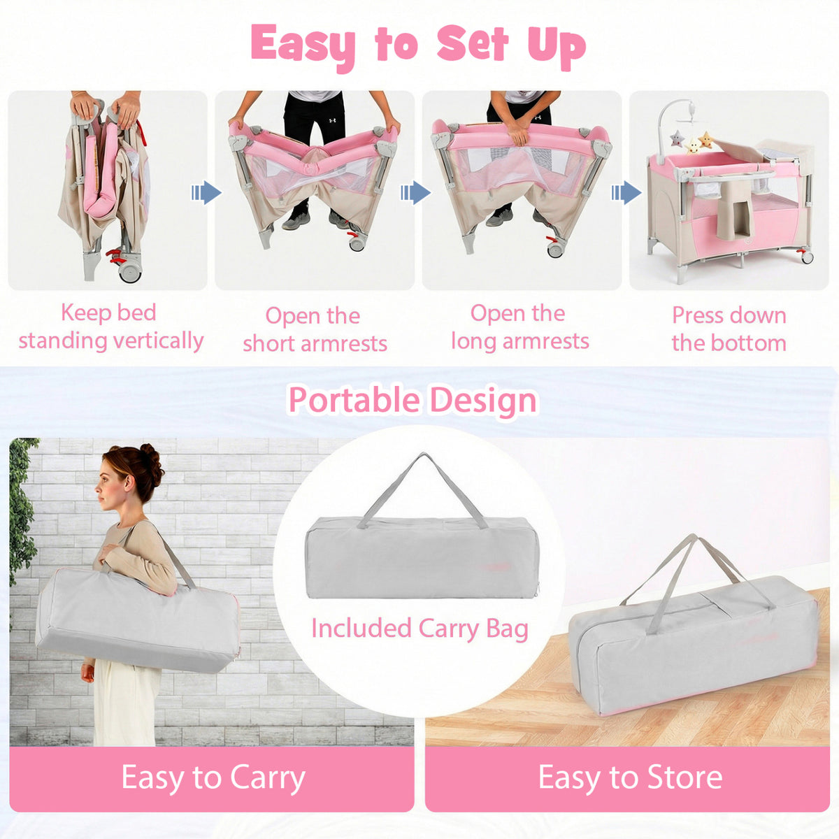 Pink 5-in-1 Baby Bedside Bassinet with Diaper Changer & Playpen