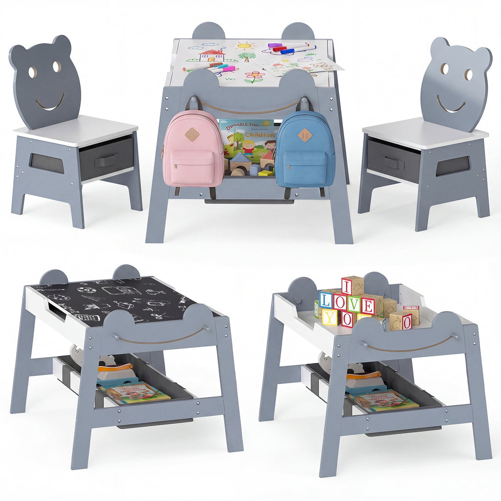 Costway 5-in-1 Toddler Art Table Set with Reversible Chalkboard and Chairs - Gray