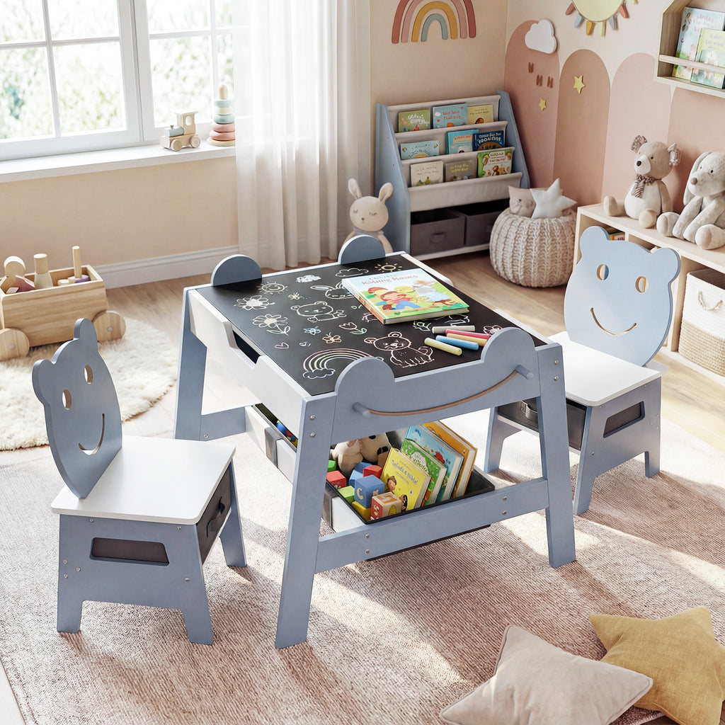 Costway 5-in-1 Toddler Art Table Set with Reversible Chalkboard and Chairs - Gray