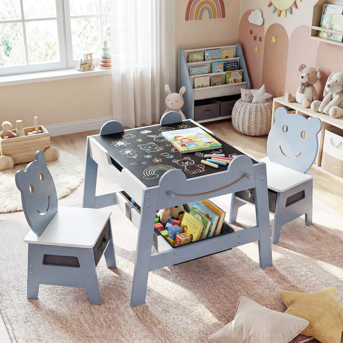 Costway 5-in-1 Toddler Art Table Set with Reversible Chalkboard and Chairs - Gray