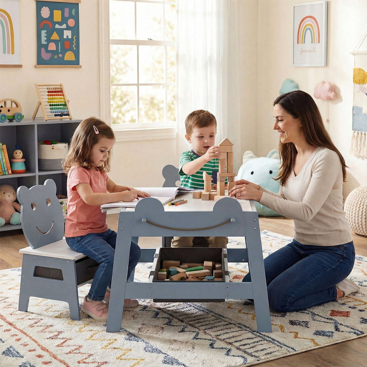 Costway 5-in-1 Toddler Art Table Set with Reversible Chalkboard and Chairs - Gray
