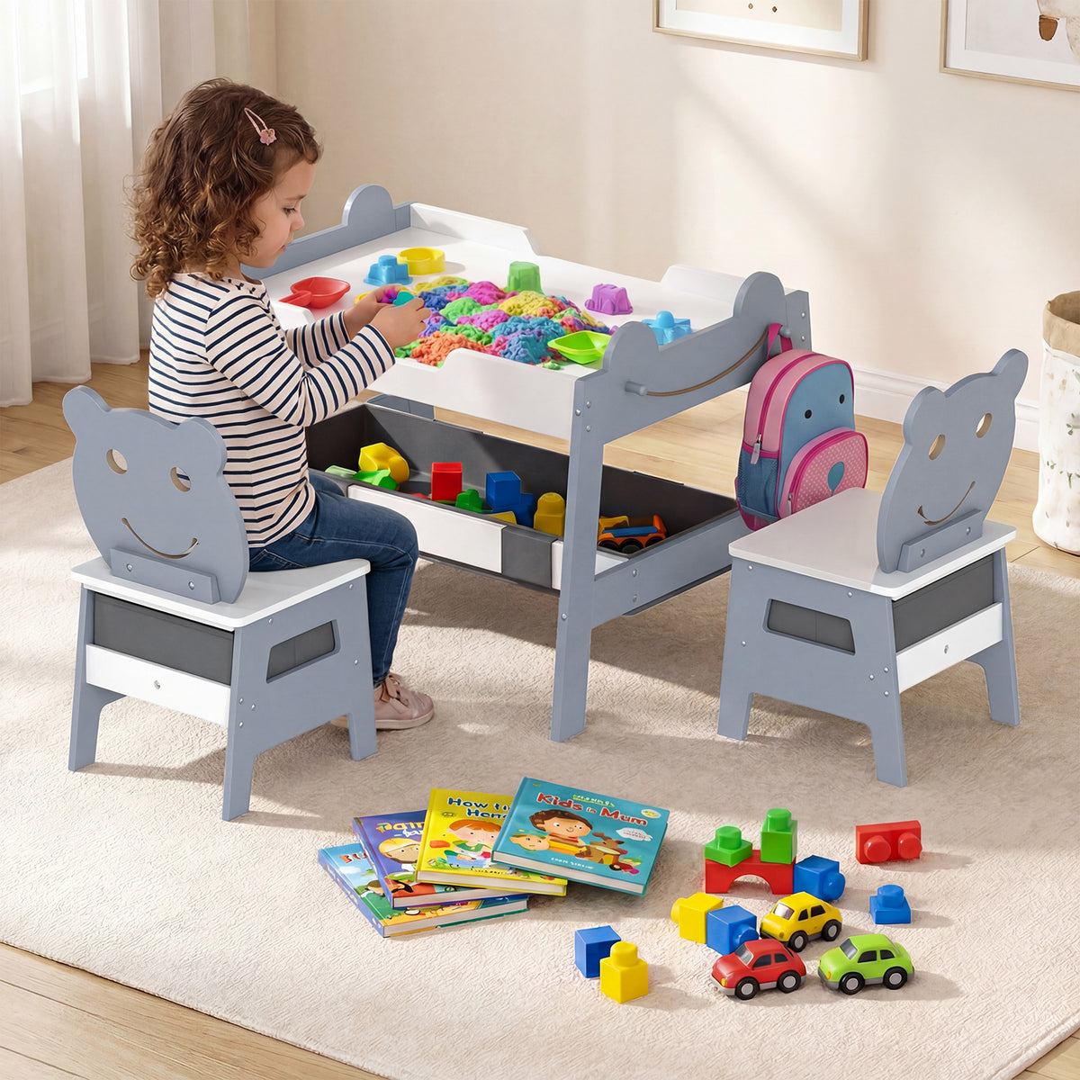 Costway 5-in-1 Toddler Art Table Set with Reversible Chalkboard and Chairs - Gray