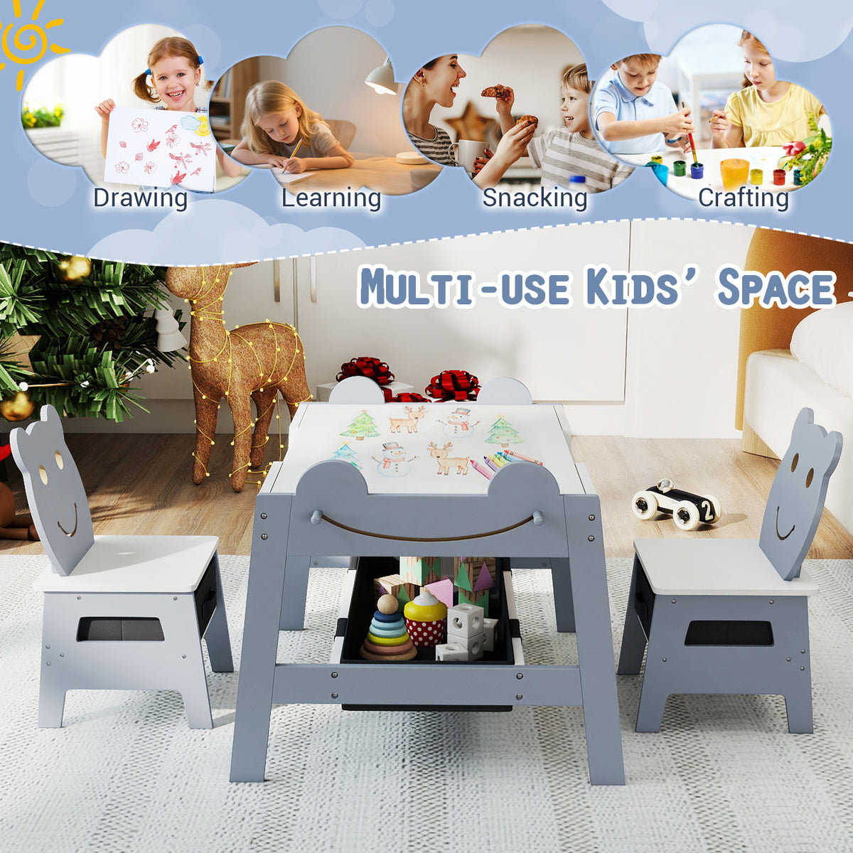 Costway 5-in-1 Toddler Art Table Set with Reversible Chalkboard and Chairs - Gray