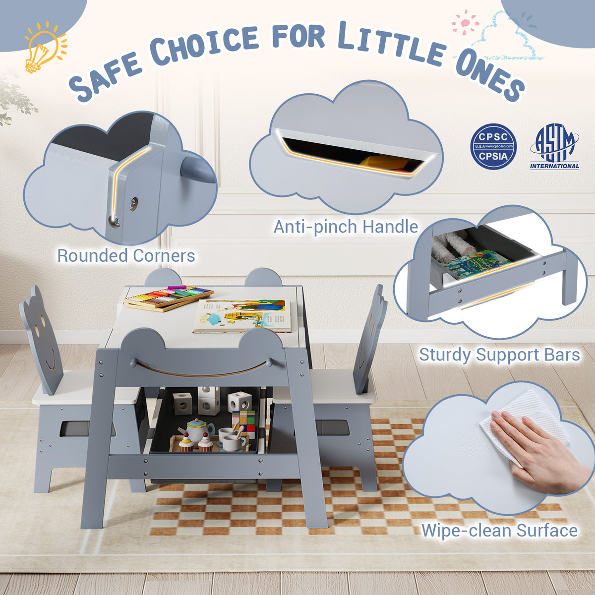 Costway 5-in-1 Toddler Art Table Set with Reversible Chalkboard and Chairs - Gray