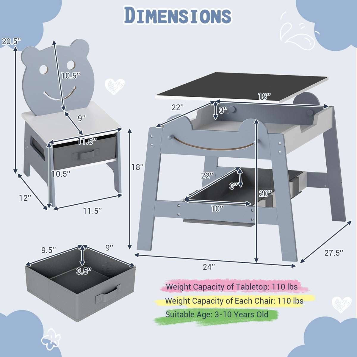 Costway 5-in-1 Toddler Art Table Set with Reversible Chalkboard and Chairs - Gray