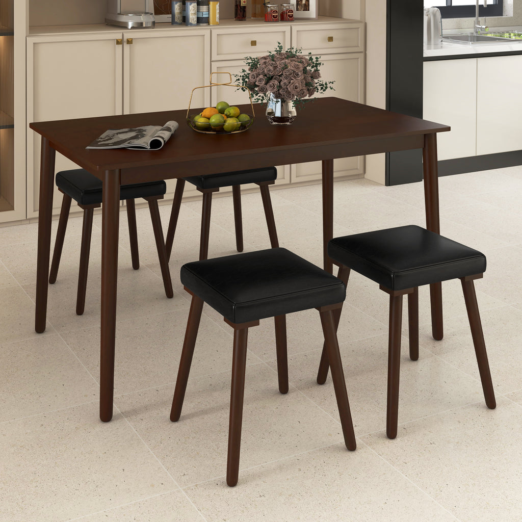5 Piece Dining Table Set with 4 Upholstered Stools, Brown