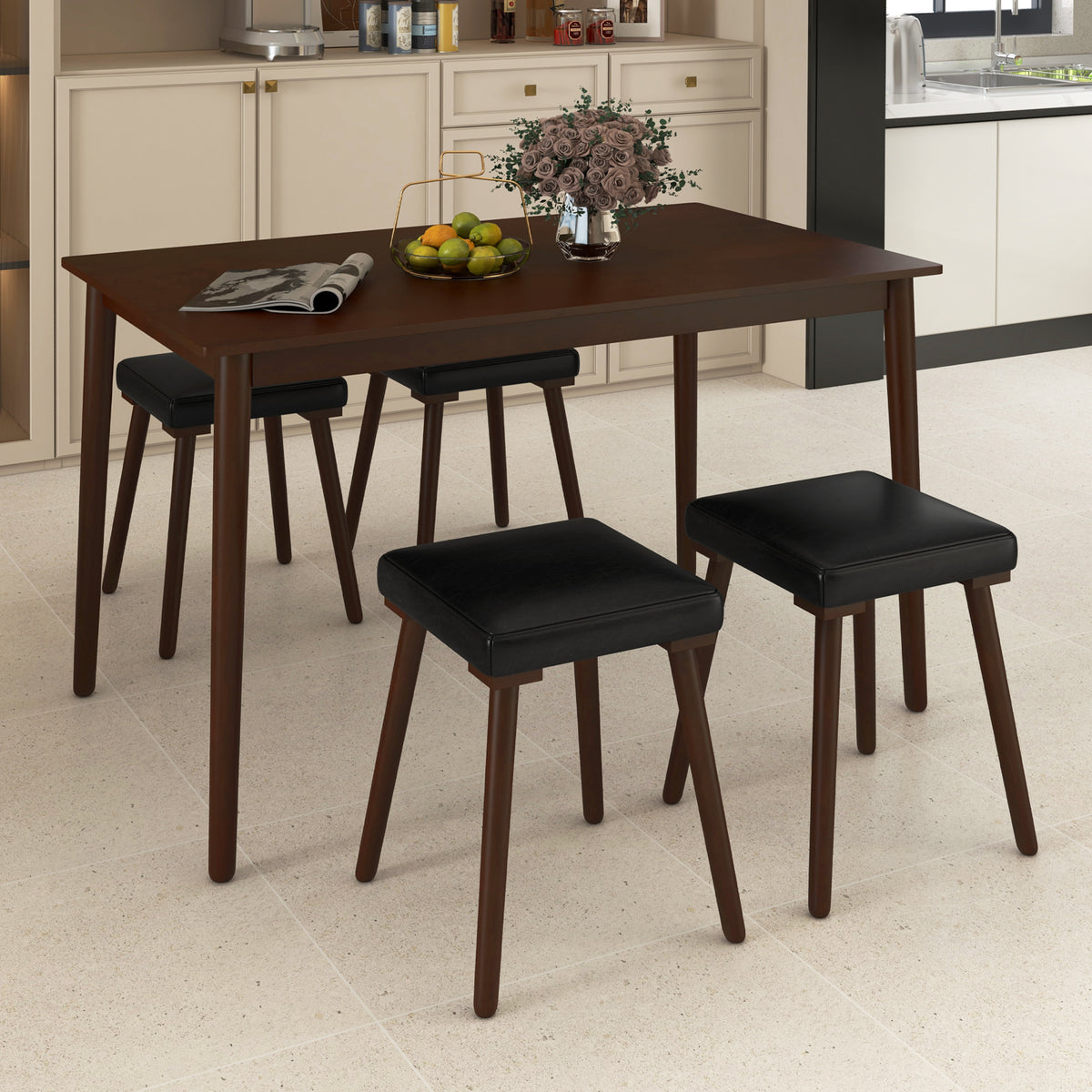 5 Piece Dining Table Set with 4 Upholstered Stools, Brown
