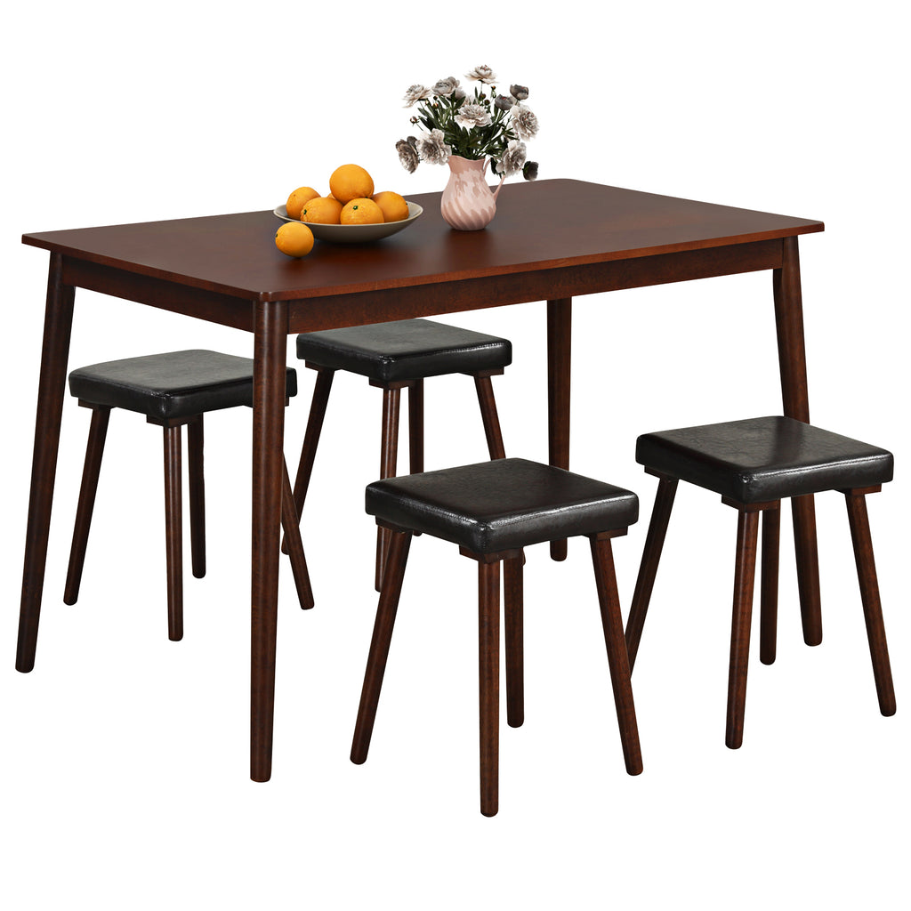 5 Piece Dining Table Set with 4 Upholstered Stools, Brown