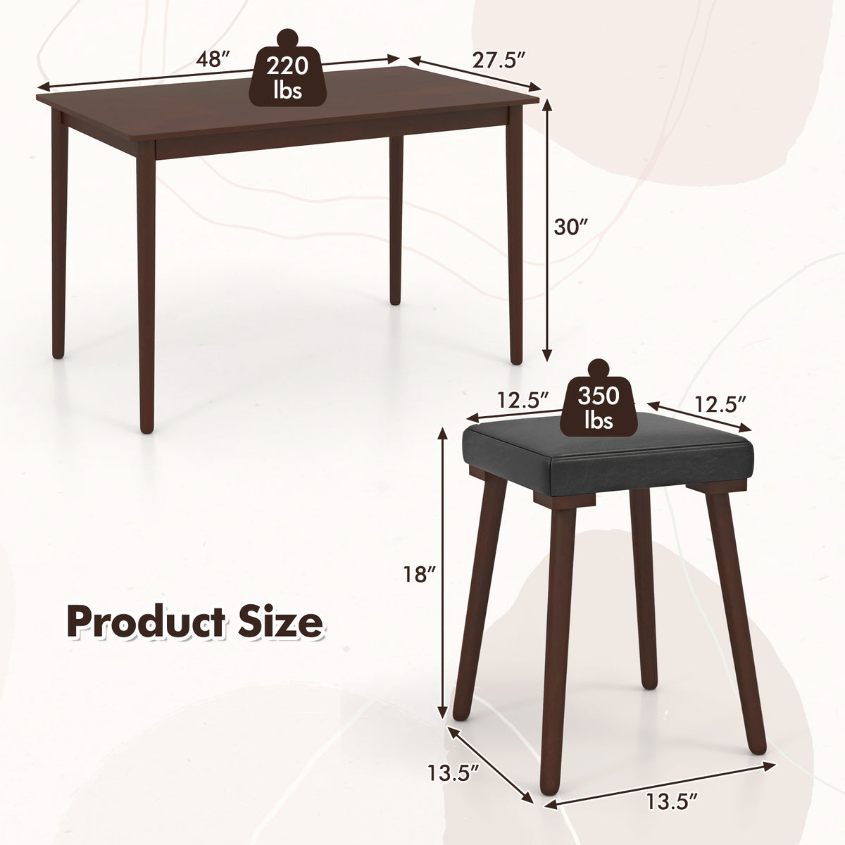 5 Piece Dining Table Set with 4 Upholstered Stools, Brown