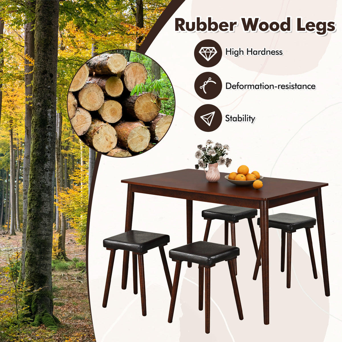 5 Piece Dining Table Set with 4 Upholstered Stools, Brown