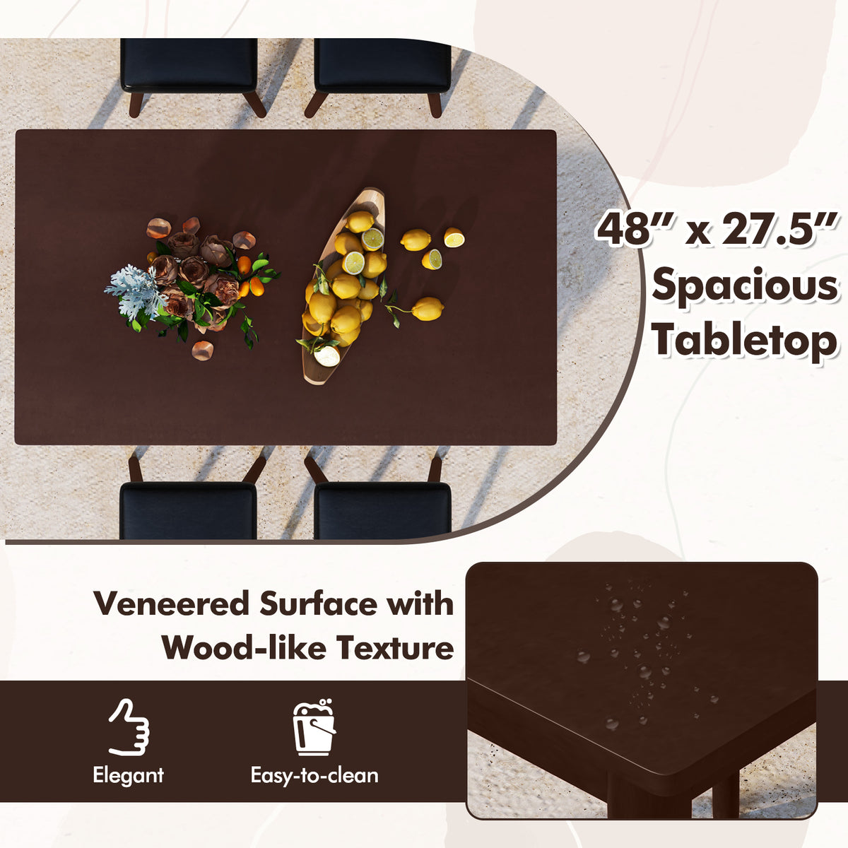 5 Piece Dining Table Set with 4 Upholstered Stools, Brown