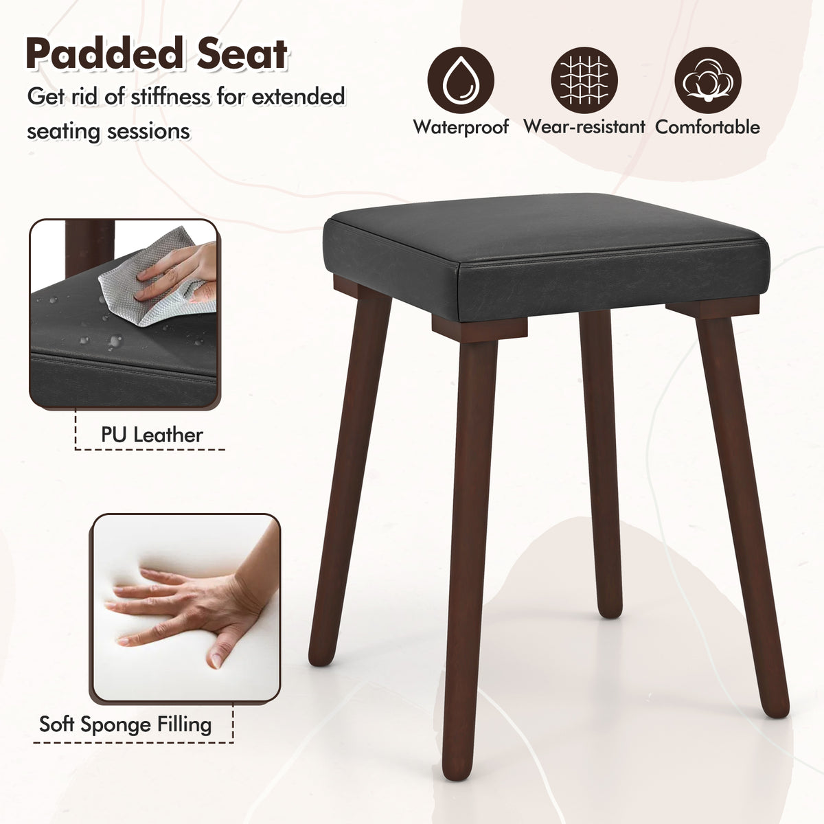 5 Piece Dining Table Set with 4 Upholstered Stools, Brown
