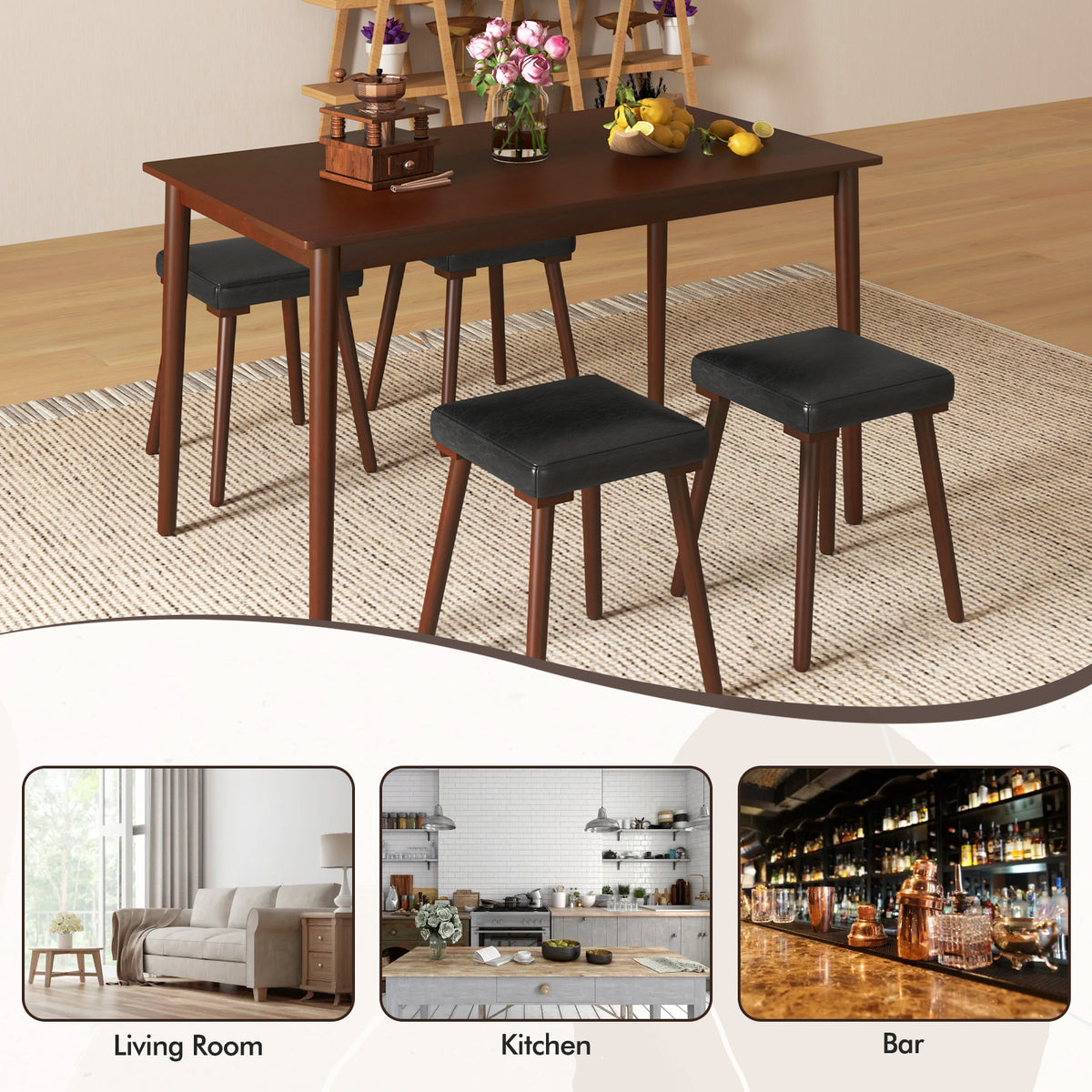 5 Piece Dining Table Set with 4 Upholstered Stools, Brown