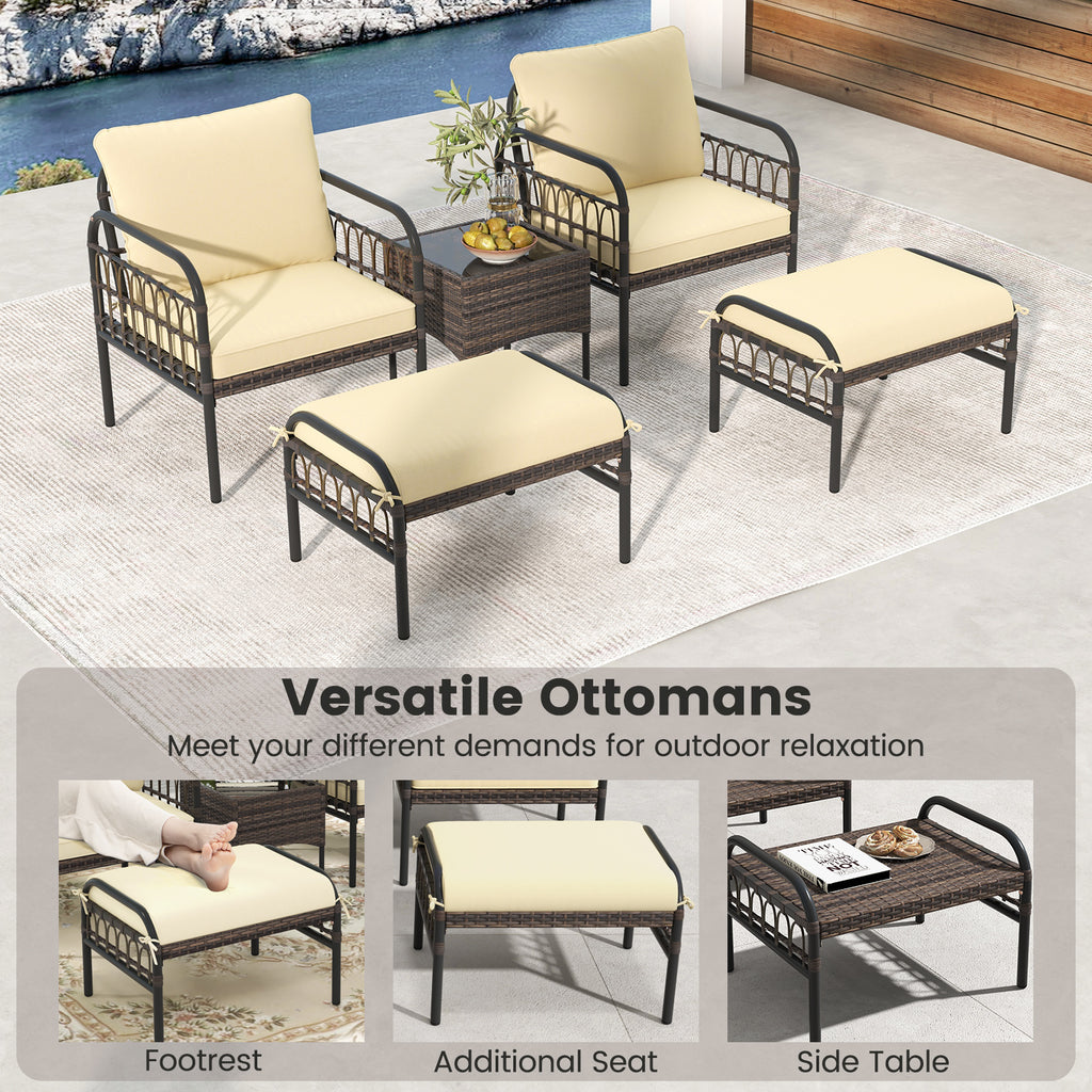 5 Piece Patio Conversation Set with 2 Ottomans and Coffee Table