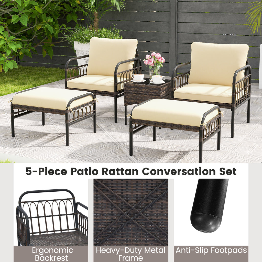 5 Piece Patio Conversation Set with 2 Ottomans and Coffee Table
