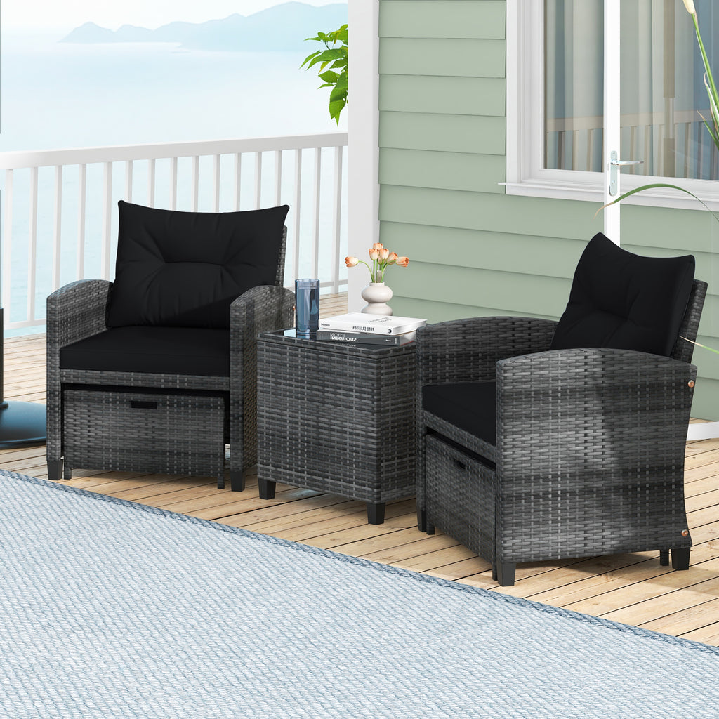 5 Piece Patio Rattan Furniture with 2 Ottomans and Tempered Glass