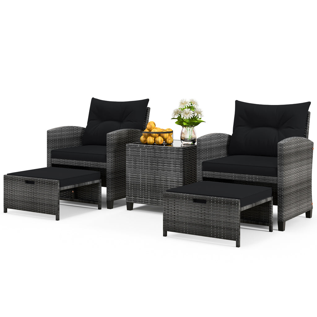 5 Piece Patio Rattan Furniture with 2 Ottomans and Tempered Glass