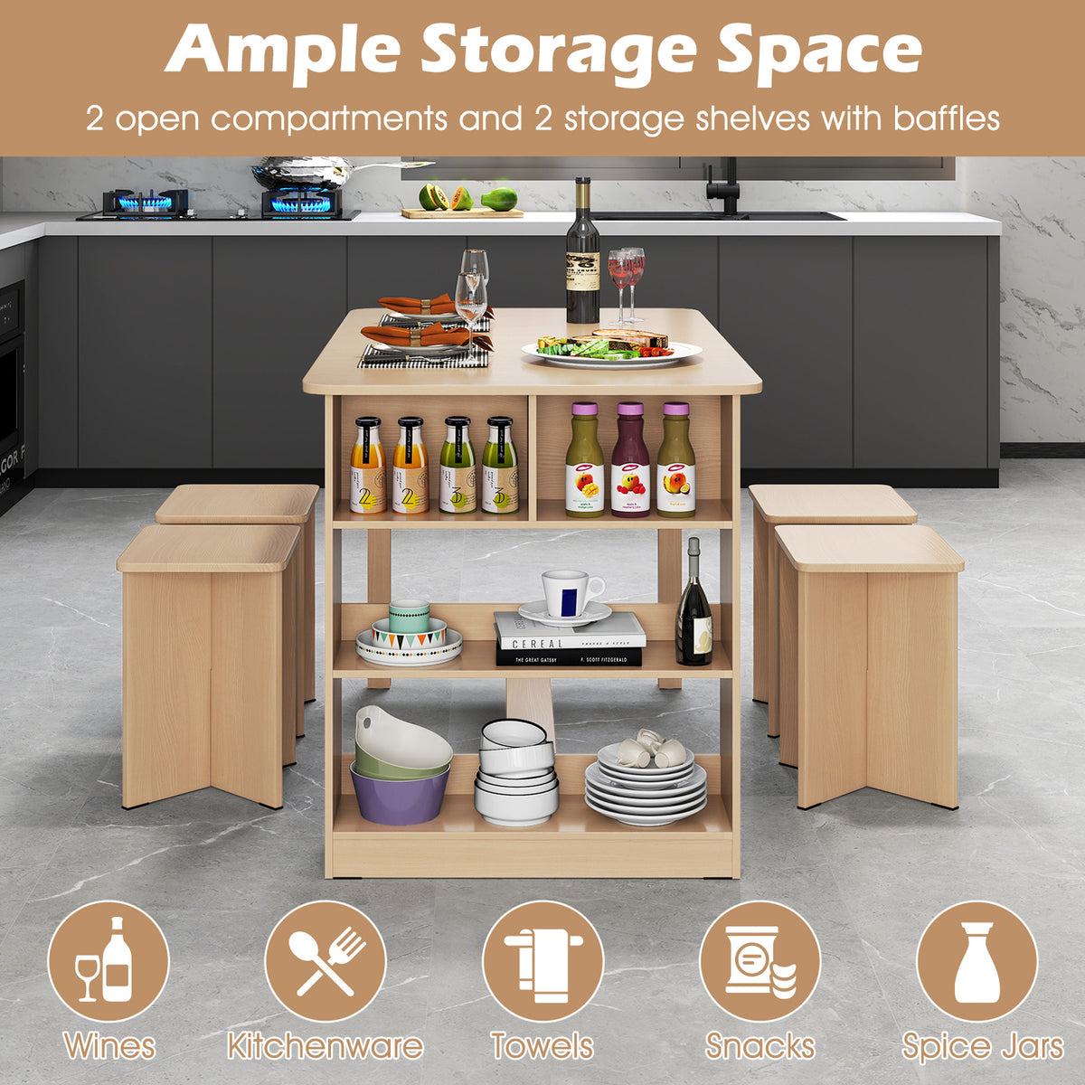 5-Piece Dining Table Set with Storage Shelves and 4 Stools - Natural