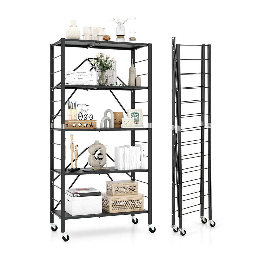 5-Tier Foldable Storage Shelf with Wheels - Black, Stretchable