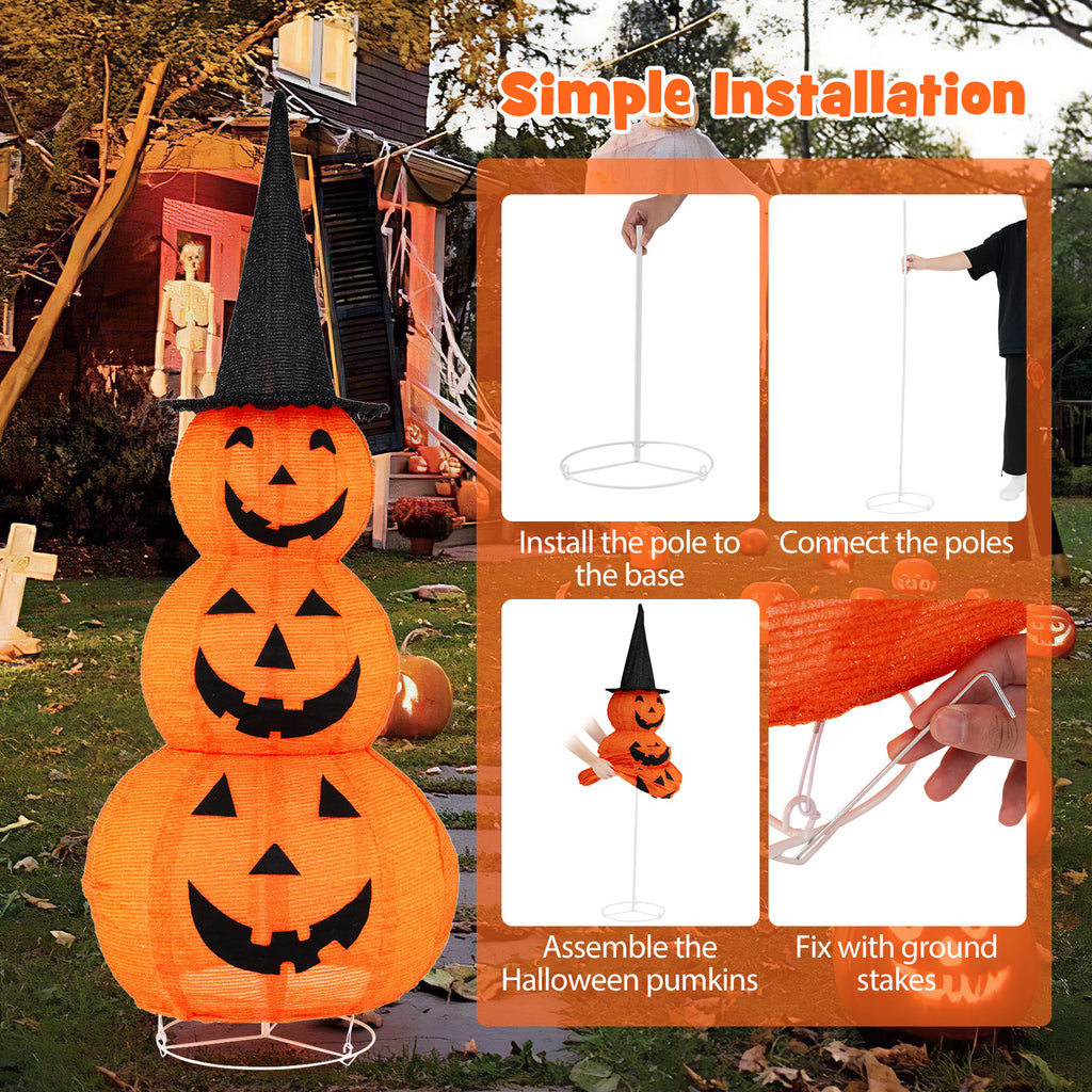 Lighted Stacked Pumpkins Halloween Decoration with Witch Hat - 3 Pumpkins