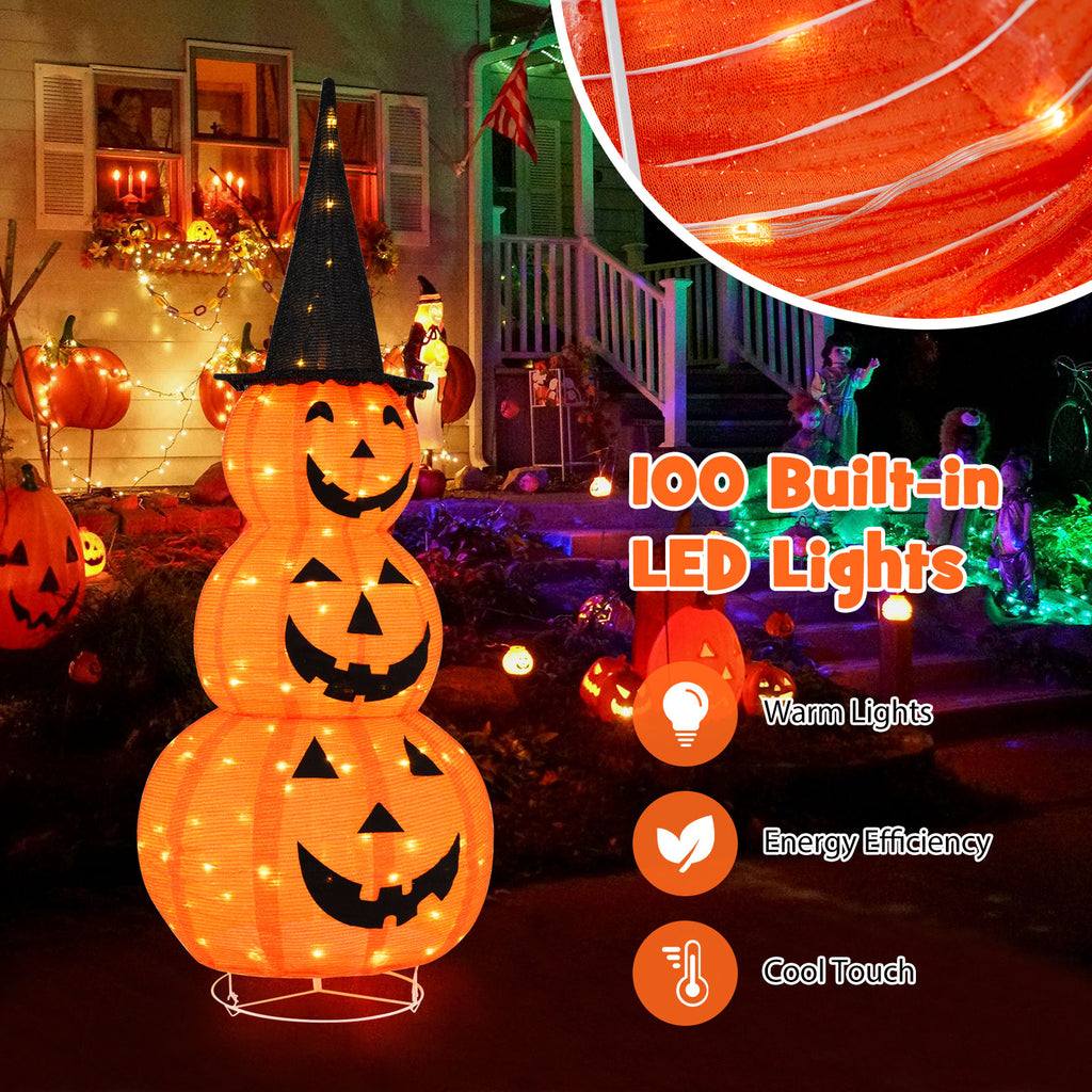 Lighted Stacked Pumpkins Halloween Decoration with Witch Hat - 3 Pumpkins