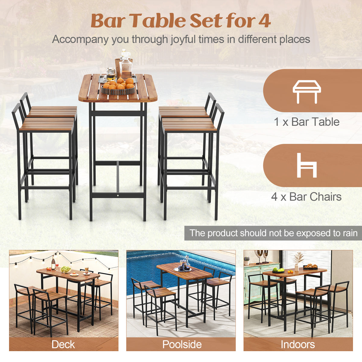 5 Piece Acacia Wood Bar Table Set – Bar Height