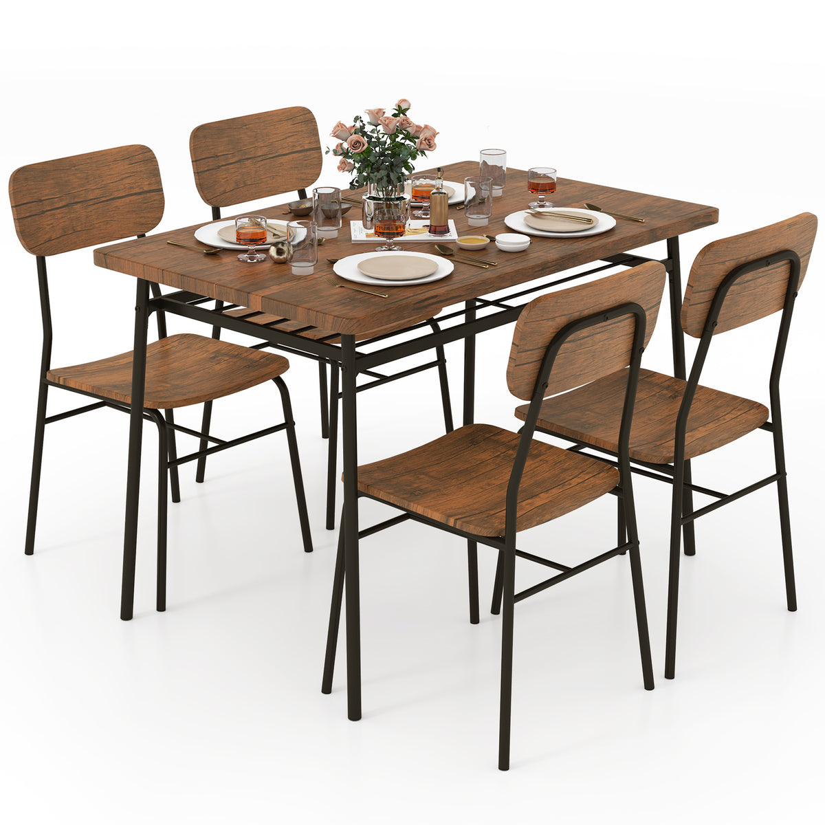 5-Piece Dining Table Set with Storage Rack - Brown