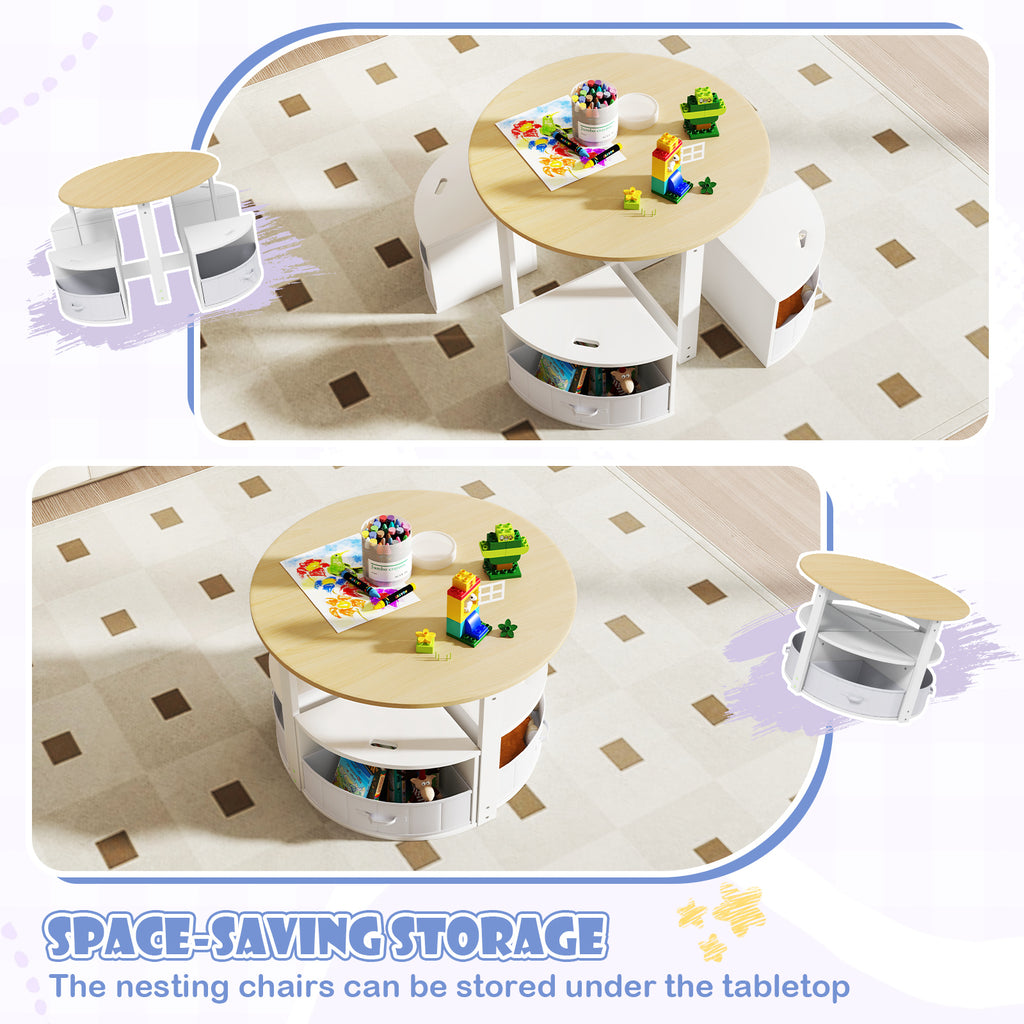 Natural Round Nesting Table with 4 Storage Stools - Toddler Activity Set