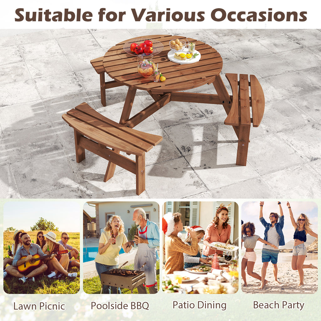 6-Person Round Picnic Table Set with Benches - 36" Brown